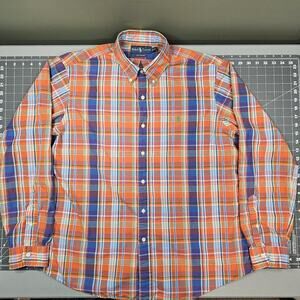 Polo Ralph Lauren Shirt XL Plaid Orange Blue Preppy Academia Custom Fit Dadcore